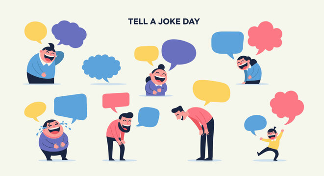 People laughing and telling jokes on Tell A Joke Day in a colorful illustration