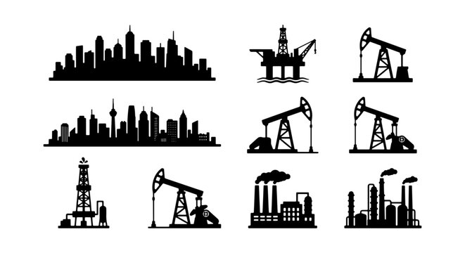 Silhouette icons of oil rigs and factories in various styles on white background