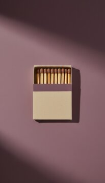 Open book of matches set on a plum purple background with copy space for hospitality branding, restaurant supply marketing and hotel amenity product advertising