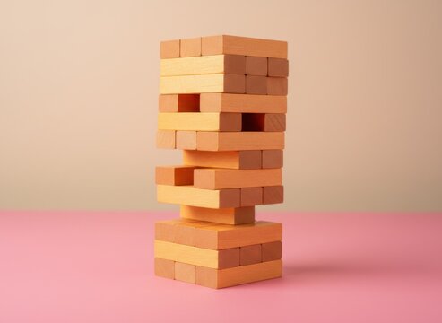 Tumble tower of orange wooden blocks on a pink surface for board game advertising, business strategy concepts and teamwork editorial showing gaps in a tall vertical stack