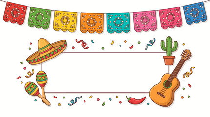 Festive Mexican Fiesta Frame with Papel Picado, Sombrero, Guitar, and Maracas for Cinco de Mayo Celebration © Oktafianto
