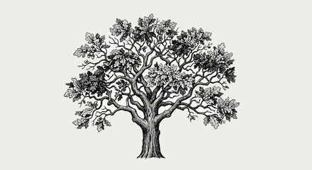 Fototapeta premium Oak tree illustration detailed black and white botanical drawing