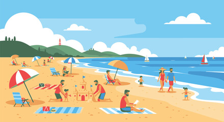 Obraz premium People relax on the sunny beach with umbrellas and sailboats in the background near the shore and hills.