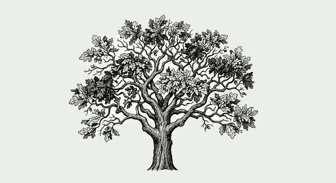 Oak tree illustration detailed black and white botanical drawing