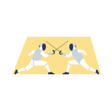 Two Fencers in Combat on a Yellow Mat