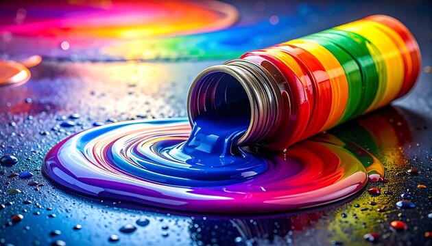 A vibrant paint can spills colorful hues on a dark surface
