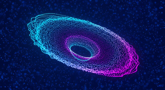 Glowing toroidal particle cloud with blue and purple gradient on dark background abstract light