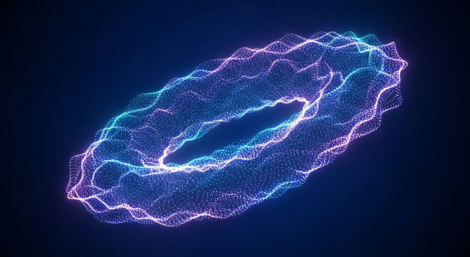 Glowing toroidal particle wave in deep blue digital space abstract torus