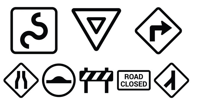 road sign icons set black and white on white background