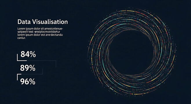 Swirling particle vortex data visualization with percentages on dark background abstract