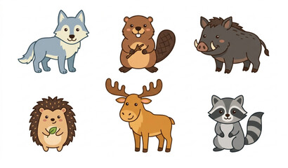 Fototapeta premium Forest animal vector set with wolf beaver wild boar hedgehog elk raccoon cute cartoon characters isolated on white