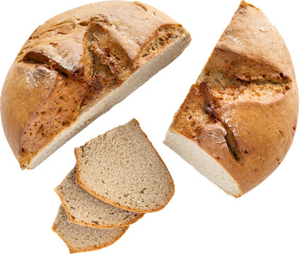 Rye Bread Two Halves and Slices Full Arrangement, Transparent Background PNG Cutout, Rustic Artisan Bread Composition