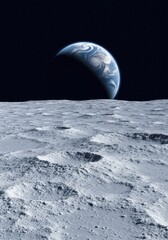 Fototapeta premium Detailed lunar surface terrain with craters and bouders under a rising blue earth for space science editorial, astronomy branding and lunar exploration campaigns