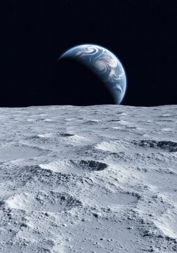 Detailed lunar surface terrain with craters and bouders under a rising blue earth for space science editorial, astronomy branding and lunar exploration campaigns