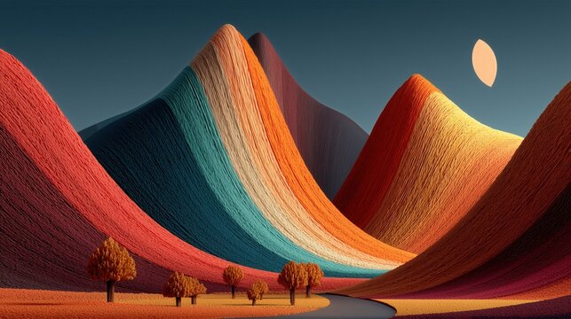 Colorful mountains and a bright sun at sunset