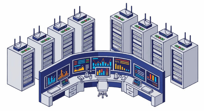 Modern Data Center with Servers and Control Room.