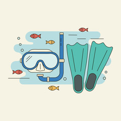 Diving Mask Snorkel and Fins with Tropical Fish Underwater Scuba Gear © picart