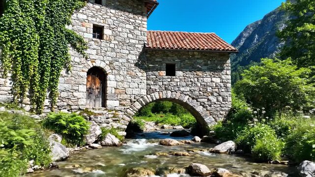 Historic stone cottage with terracotta tile roof and ivy-covered walls featuring an integral stone arch bridge built over a flowing mountain stream in a lush green valley.