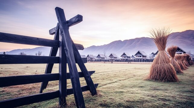 Sunrise over village with mountains and haystacks in the field