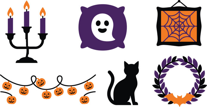 Spooky home decoration icons professional palette flat vector pack with orange black deep purple generic candelabra three lit candles round throw pillow ghost face framed picture spiderweb pattern