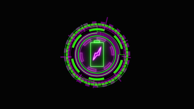 Futuristic neon purple and green circular hud interface with a central lightning bolt icon glowing on a dark screen for digital technology design