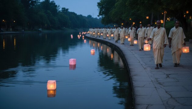 Glowing paper lanterns reflecting in river water as people walk along a path for religious observance, cultural heritage and peaceful evening meditation imagery