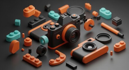 Fototapeta premium Disassembled toy cameras and lego pieces on dark background