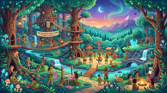 Forest people weaving and dancing under aurora in treehouse village, mystical night concept