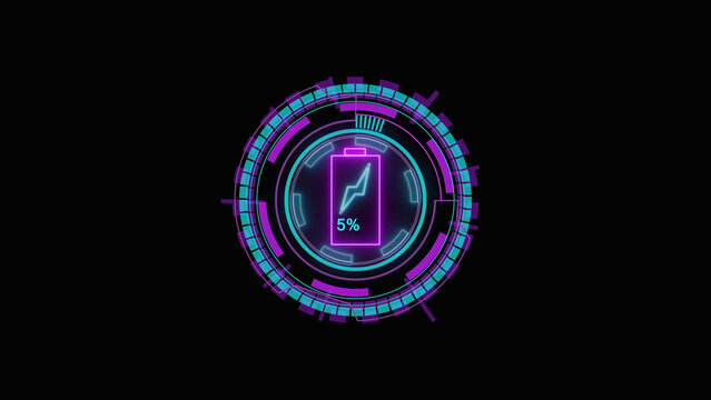 Neon glowing circular futuristic interface design with a central rectangle shape and digital abstract data patterns in vibrant purple and bright cyan colors isolated on a dark black background