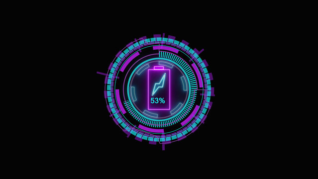 Futuristic glowing digital circle interface with a central rectangular portal frame featuring neon purple and blue light effects in a high tech sci fi style for gaming technology and ui graphic design