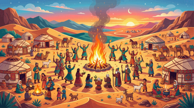 Vast desert community celebrating with dancing and yurts under a dramatic sunset sky
