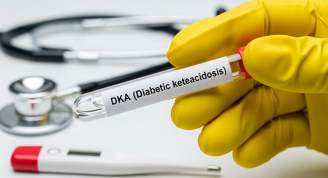 Yellow gloved hand holds test tube labeled D K A Diabetic Ketoacidosis with stethoscope thermometer