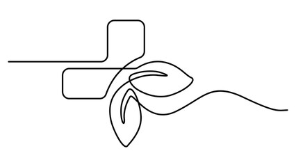 Obraz premium Continuous line drawing of a medical cross combined with two green leaves