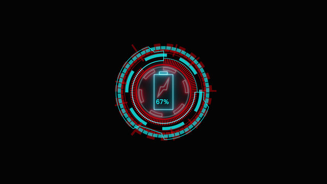 Neon glowing battery icon with digital hud circle interface elements for mobile device charging status and futuristic technology ui design