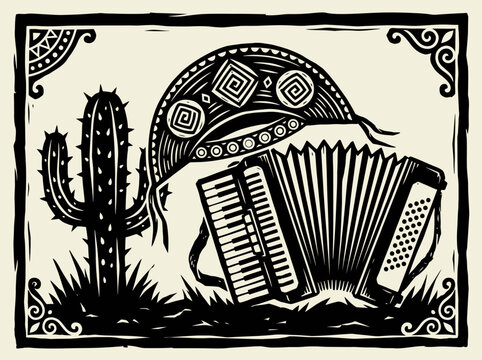 Brazilian Northeast Cordel Art Illustration with Accordion, Cangaceiro Leather Hat, and Cactus for Festa Junina Celebration