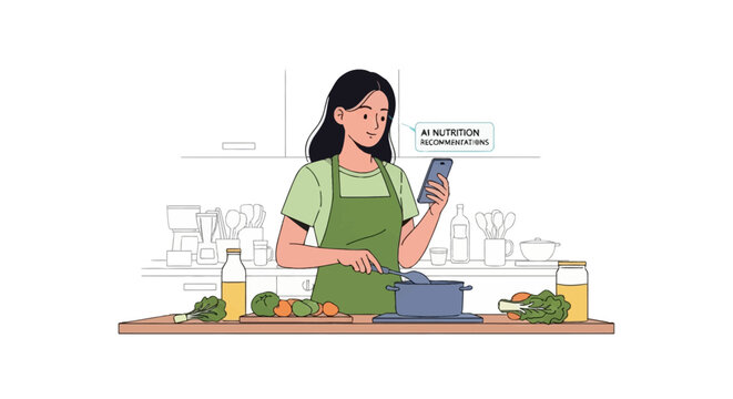 Vector illustration of a woman in a green apron cooking in a kitchen while looking at a smartphone screen displaying AI nutrition recommendations near vegetables and a stove.