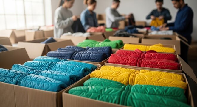Volunteers sorting colorful warm jackets into cardboard boxes for donation preparing for charity distribution event