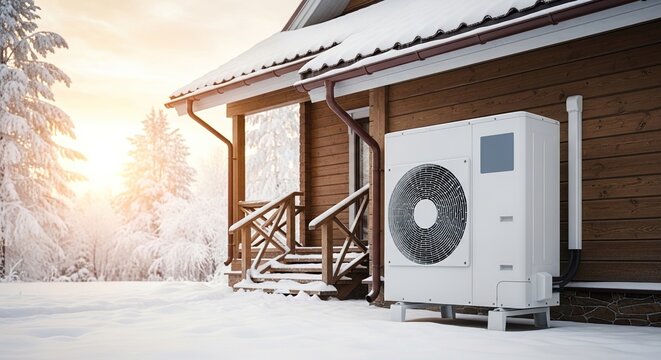 Modern white heat pump unit installed outside wooden house exterior on snowy winter day with warm sun rays illuminating