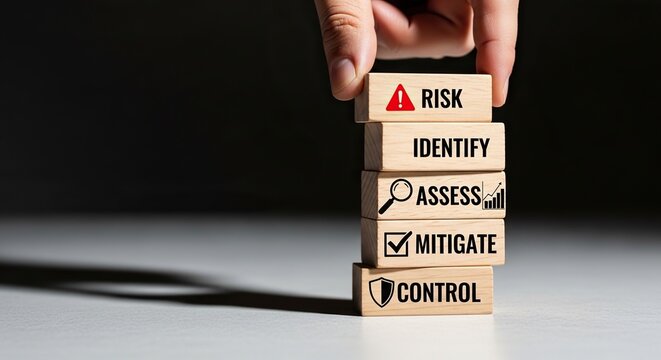 Hand stacking wooden blocks with risk management process steps identify assess mitigate control concept of business
