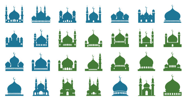 Mosque Icons Set, Silhouette Buildings, Islamic Architecture Elements, Religion and Travel
