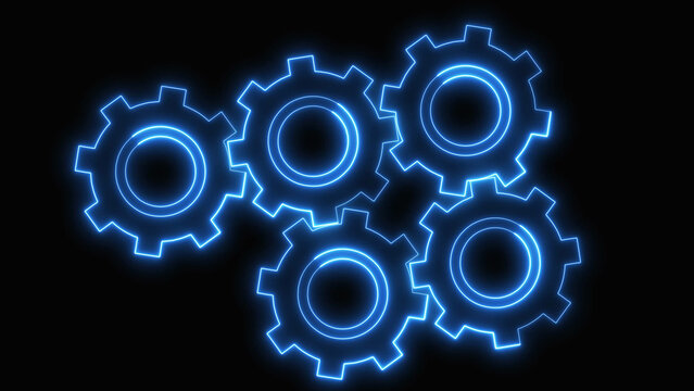 Glowing blue neon gears connected together representing industrial teamwork and mechanical engineering progress in a dark technology background