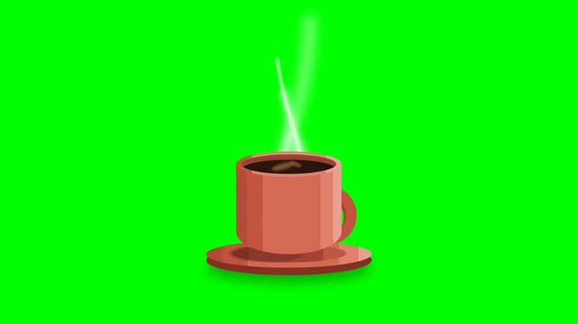 2D Animated Coffee Cup with Rising Steam on Green Screen Background for Chroma Key Video Editing