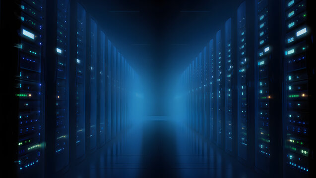 Data Realm: A digital panorama unfolds, showcasing a server room bathed in an ethereal blue glow, representing the depths of data storage and processing capabilities.