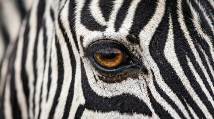 Naklejka premium Detailed close up of a zebra's eye showcasing intricate black and white stripes and a warm brown iris conveying wild