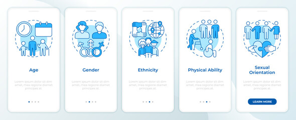 Naklejka premium Primary diversity traits blue onboarding mobile app screen. Walkthrough 5 steps editable graphic instructions with linear concepts. UI, UX, GUI. Montserrat SemiBold, Regular fonts used