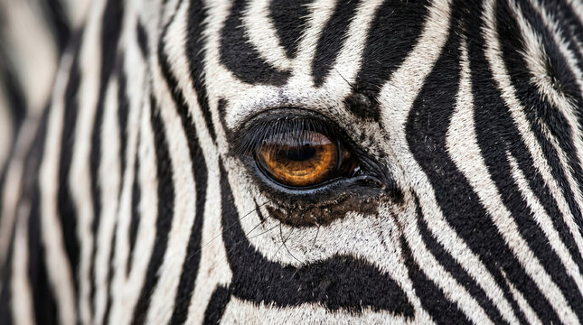 Detailed close up of a zebra's eye showcasing intricate black and white stripes and a warm brown iris conveying wild