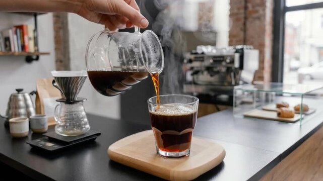 Professional barista pours manually brewed coffee into a transparent glass