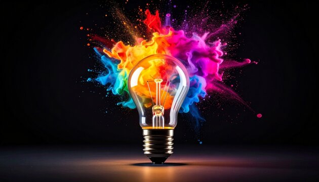 Light bulb exploding with radiant colorful powder burst