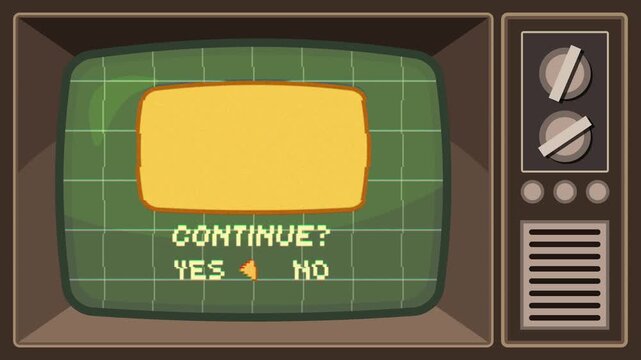 Retro arcade continue screen with yes or no decision buttons pixel UI on green CRT display nostalgic gaming animation 4K 60fps