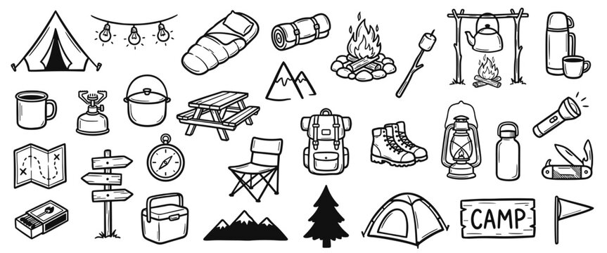 Сamping and outdoor adventure icon set. Black and white doodle illustrations of hiking gear, tent, campfire